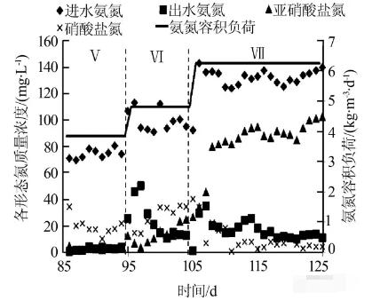 全程硝化逐渐向短程硝化转变，亚硝化效能调控阶段进出水氨氮、亚硝酸盐氮、硝酸盐氮及氨氮容积负荷变化情况