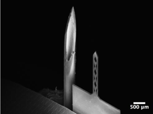 开孔钛基微针（200um宽，50um厚，1500um长）和26G皮下注射针（外径464um）对比的扫描电子显微镜照片